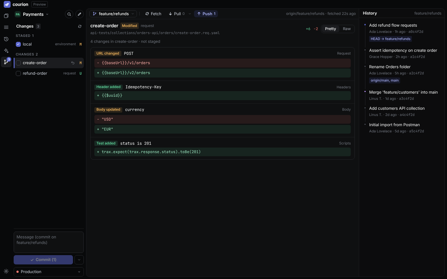 The source control view: a changed environment file shown as 'Variable added', 'Variable updated' and 'Variable removed', next to the branch history.